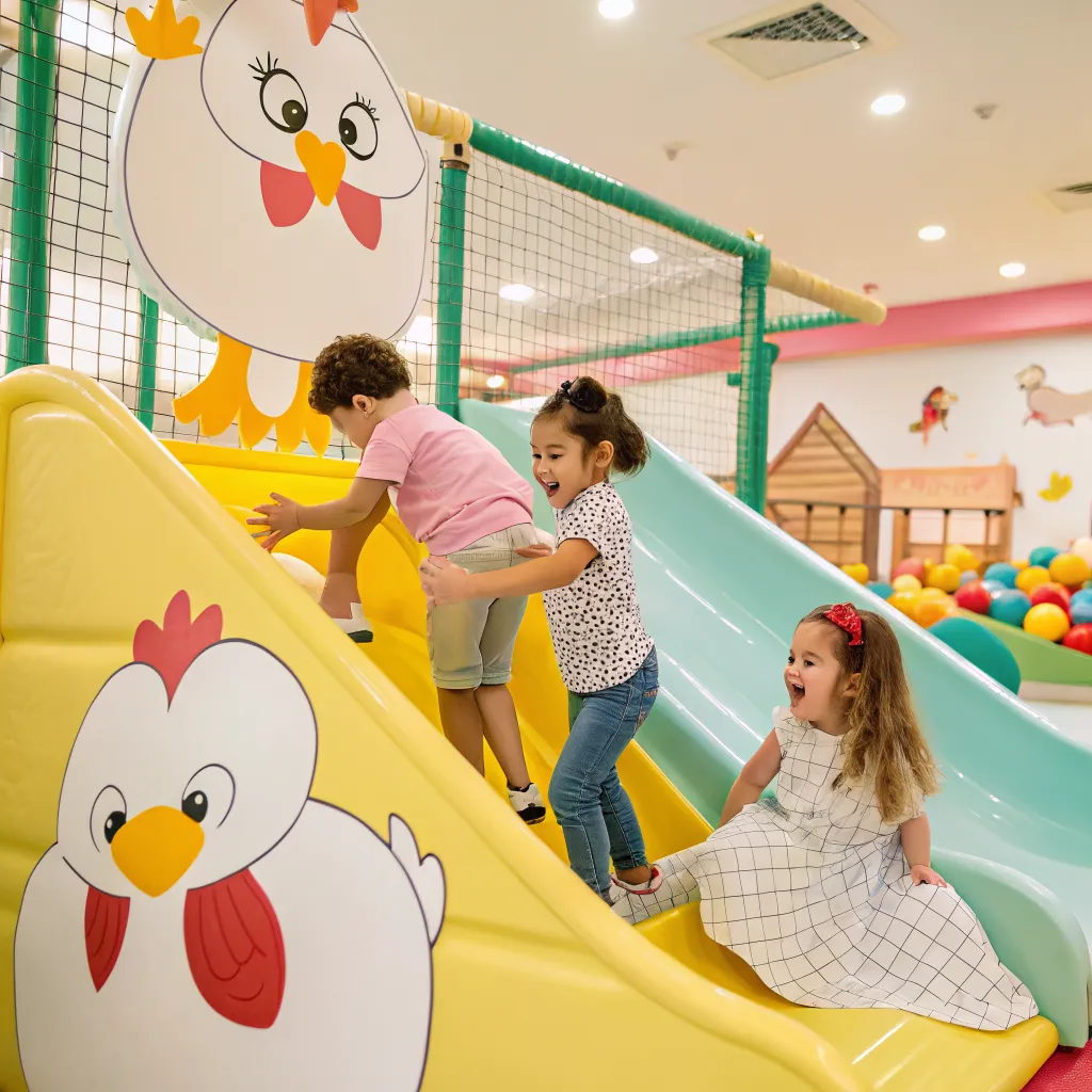 Happy kids playing in chicken themed indoor playground